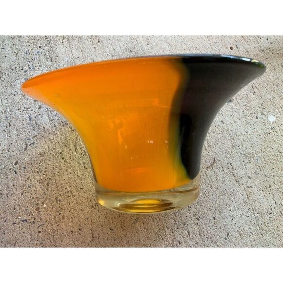 Vintage Teleflora Hand Blown Brown Yellow Heavy Art Glass Bowl Yellow Brown - Picture 1 of 5